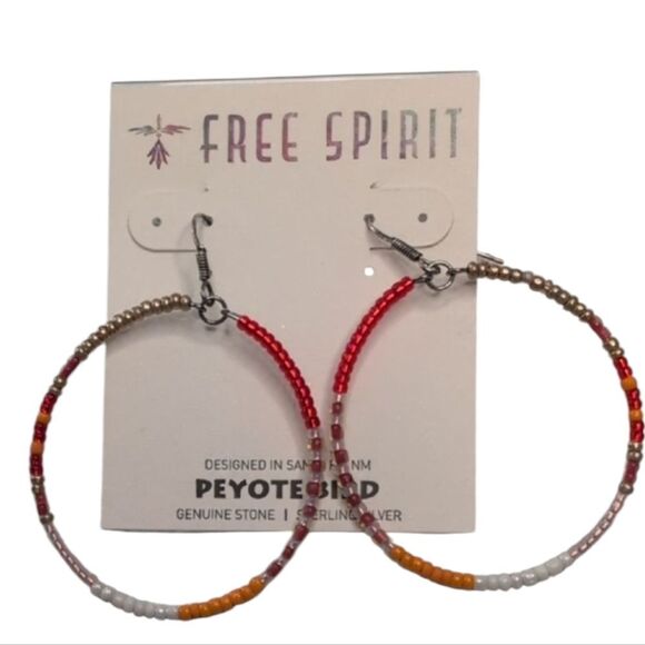 NWT Peyote Bird Red and Orange Beaded Hoop Earrings Sterling Silver - Picture 1 of 7